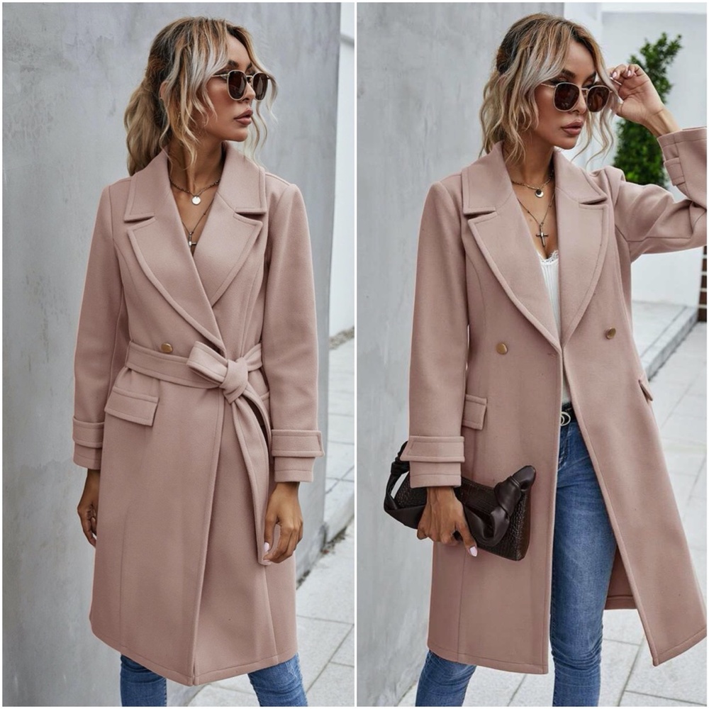 Trench Coat Double Breast Buttons belt pea coat - Picture 3 of 16